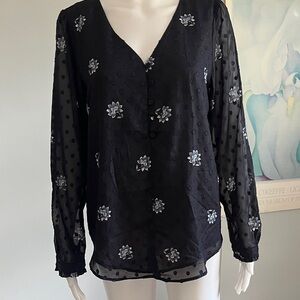 LOFT Black Sheer Blouse with Floral Accents